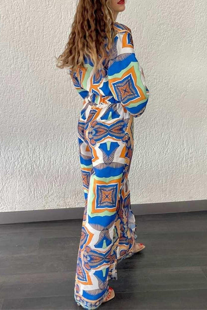 Conjunto informal de dos piezas con cuello en V, manga larga y bolsillo con abertura y estampado geométrico vintage