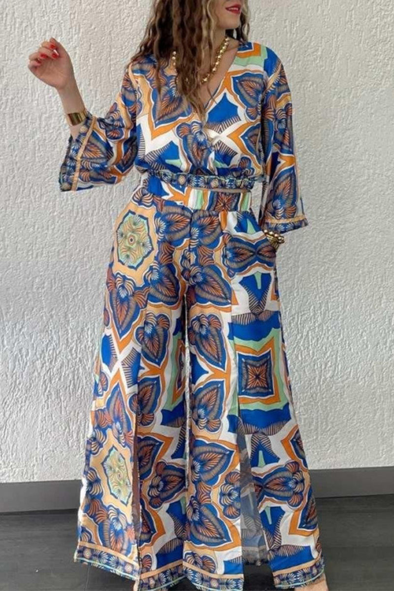 Conjunto informal de dos piezas con cuello en V, manga larga y bolsillo con abertura y estampado geométrico vintage