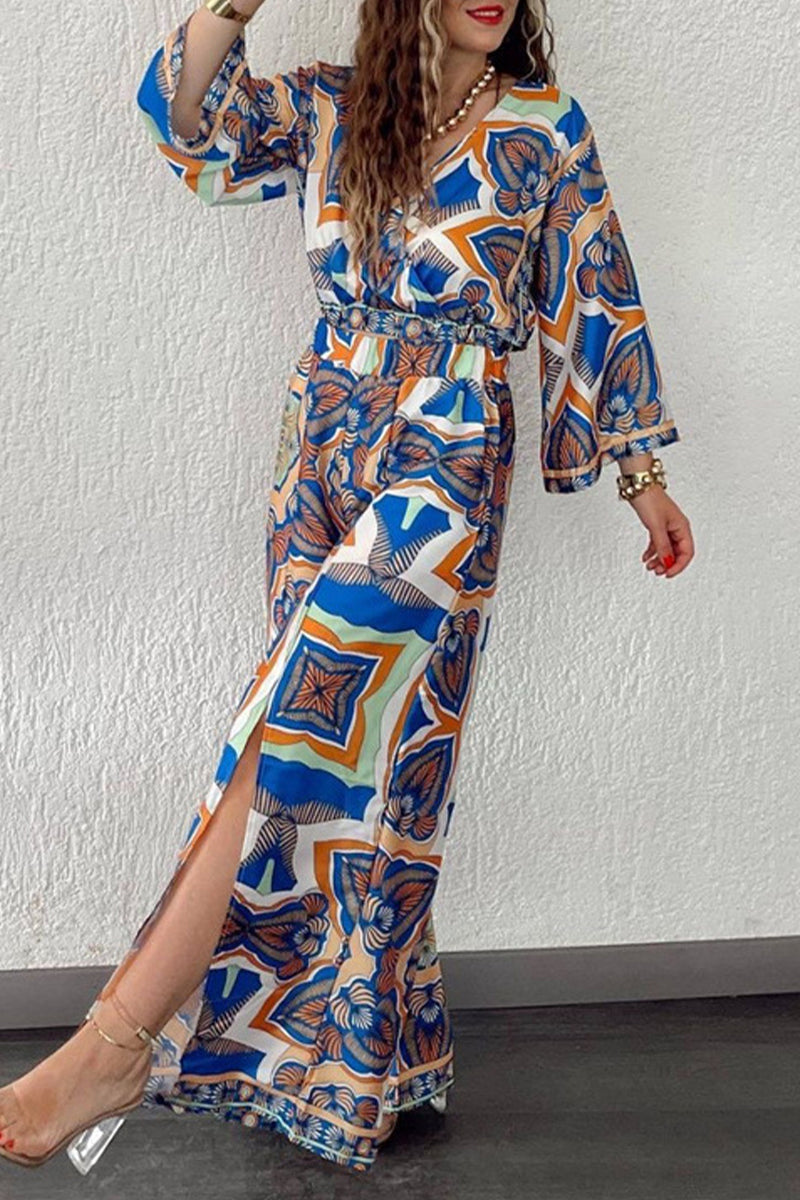 Conjunto informal de dos piezas con cuello en V, manga larga y bolsillo con abertura y estampado geométrico vintage