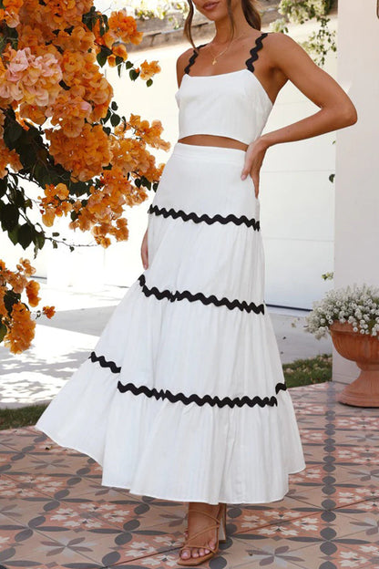 Conjunto de dos piezas sin mangas, cuello cuadrado, elegante y dulce con contraste ondulado