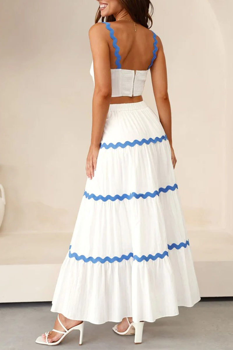 Conjunto de dos piezas sin mangas, cuello cuadrado, elegante y dulce con contraste ondulado