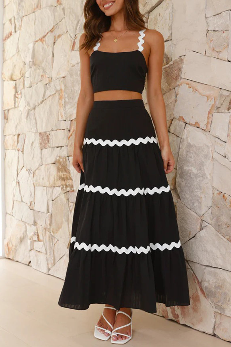 Conjunto de dos piezas sin mangas, cuello cuadrado, elegante y dulce con contraste ondulado