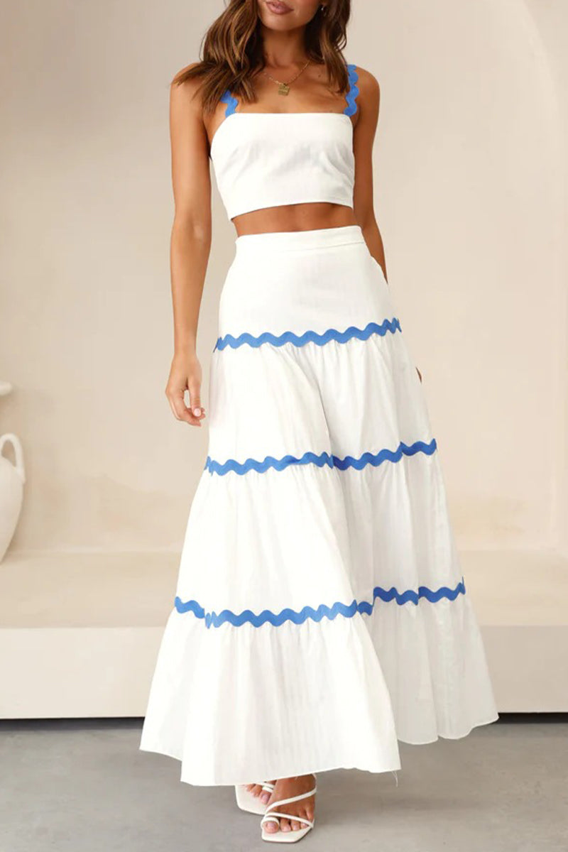Conjunto de dos piezas sin mangas, cuello cuadrado, elegante y dulce con contraste ondulado