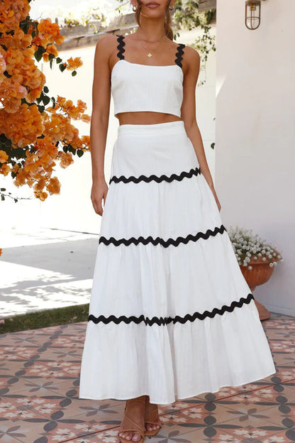 Conjunto de dos piezas sin mangas, cuello cuadrado, elegante y dulce con contraste ondulado