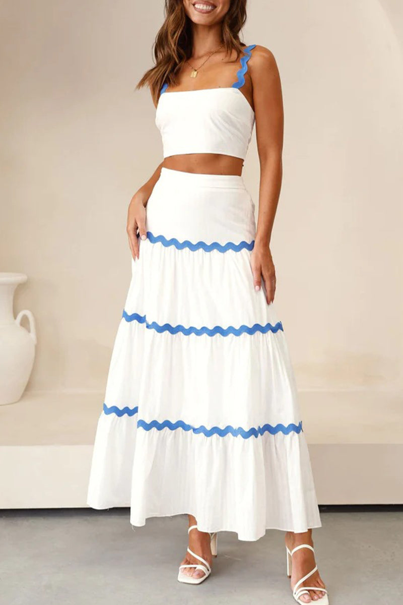 Conjunto de dos piezas sin mangas, cuello cuadrado, elegante y dulce con contraste ondulado