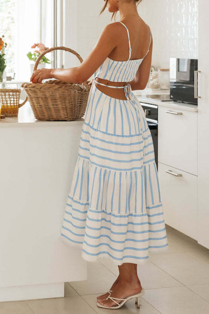 Vestido sexy de vacaciones con cuello cuadrado y rayas de frenillo