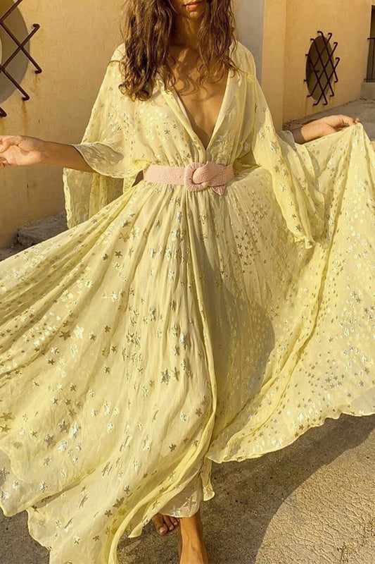 Elegantes vestidos de fiesta con cuello en V, patchwork bronceado y estrellas (sin cinturón)