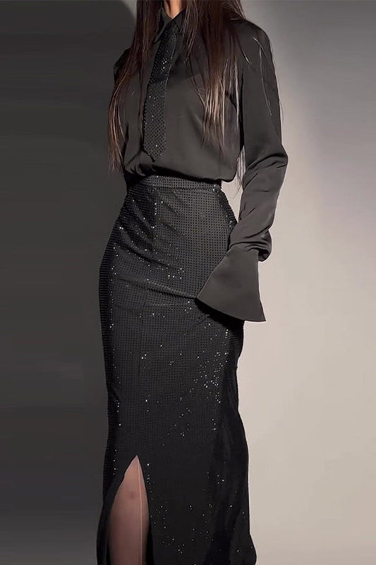 Celebridades Elegante Vestido de Taladro Caliente Sólido Cuello Vuelto Manga Larga Dos Piezas (Sin Corbata)