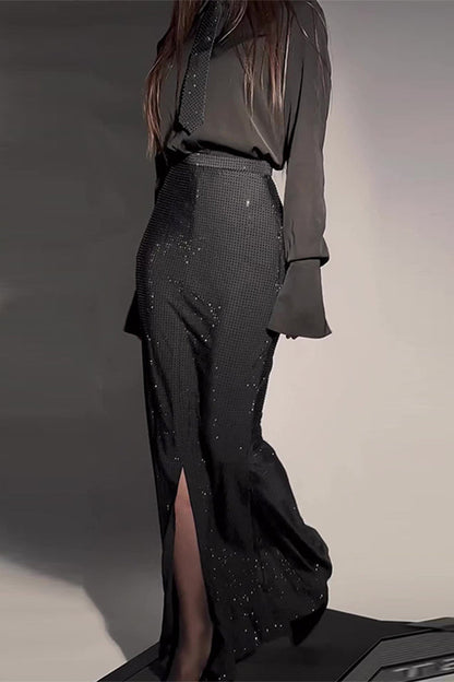 Celebridades Elegante Vestido de Taladro Caliente Sólido Cuello Vuelto Manga Larga Dos Piezas (Sin Corbata)