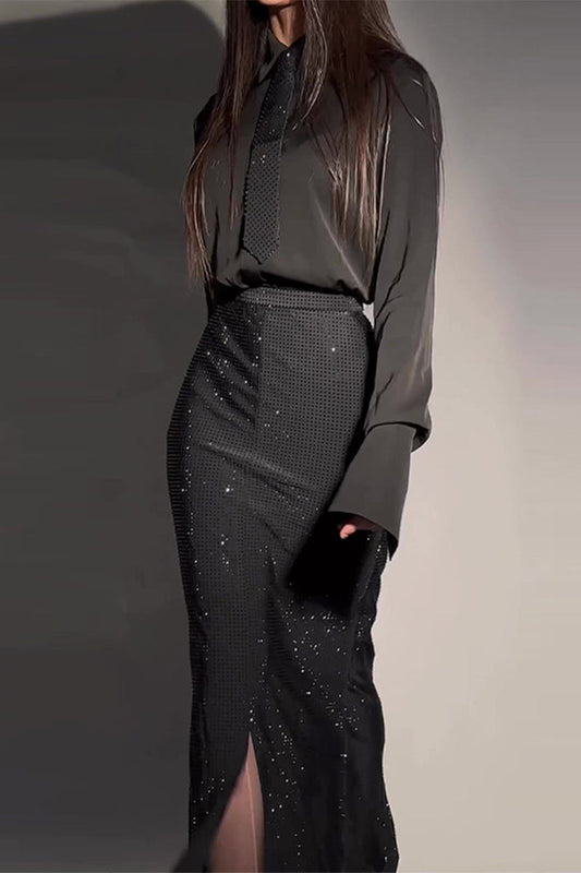 Celebridades Elegante Vestido de Taladro Caliente Sólido Cuello Vuelto Manga Larga Dos Piezas (Sin Corbata)