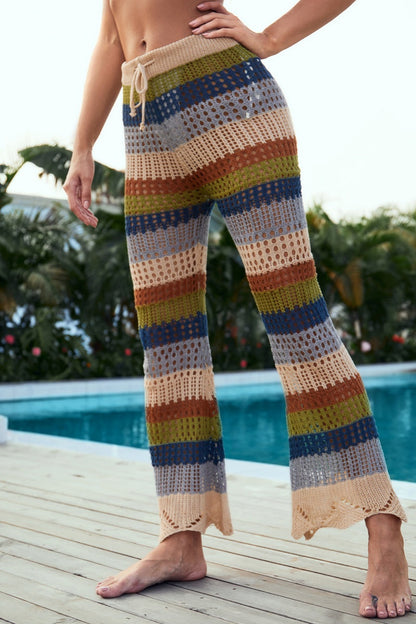 Pantalones casuales de talle alto regular con diseño de patchwork ahuecado y contraste