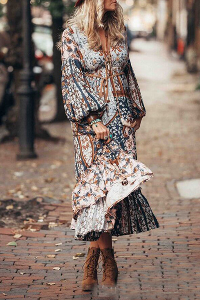 Vestido bohemio vintage con estampado floral y escote en V