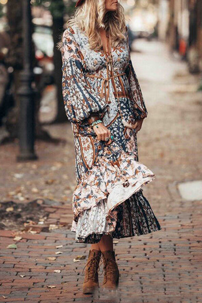Vestido bohemio vintage con estampado floral y escote en V