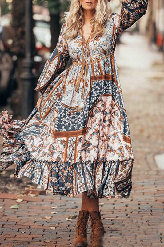 Vestido bohemio vintage con estampado floral y escote en V