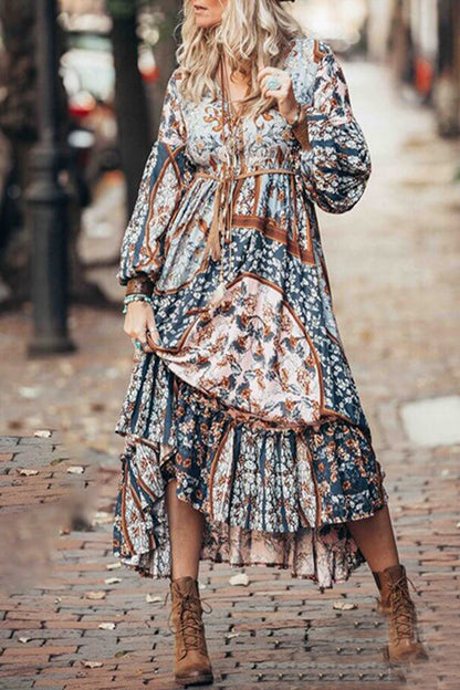 Vestido bohemio vintage con estampado floral y escote en V