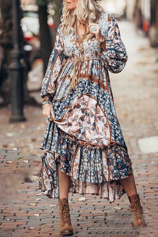 Vestido bohemio vintage con estampado floral y escote en V