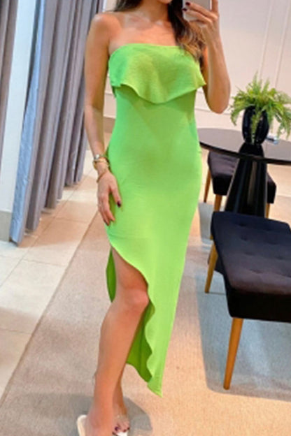 Vestidos elegantes y dulces con falda cruzada asimétrica, sin tirantes y con volantes lisos