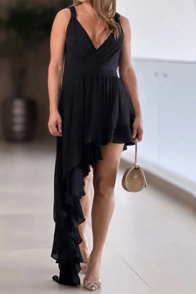 Vestido asimétrico con escote en V irregular, sexy, liso, sin espalda