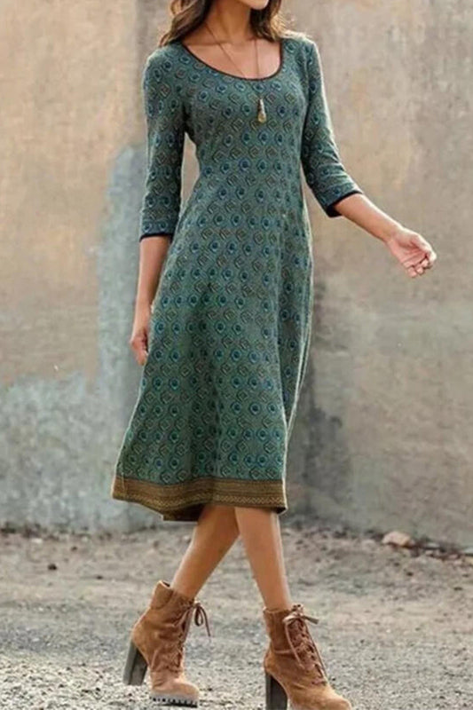Vestidos casuales vintage con estampado geométrico y cuello redondo en forma de A