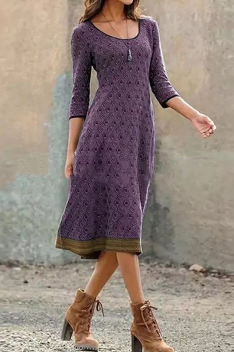 Vestidos casuales vintage con estampado geométrico y cuello redondo en forma de A