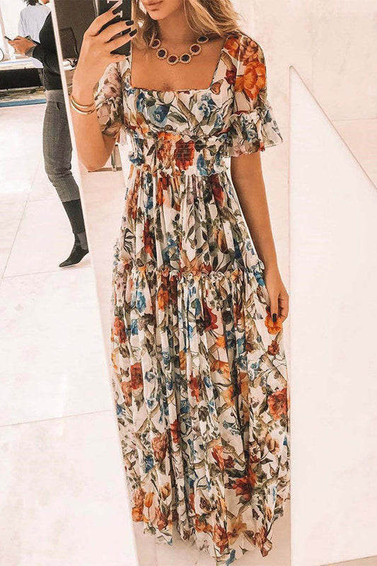 Elegante vestido estampado floral con cuello cuadrado y orillo de fibra (2 colores)
