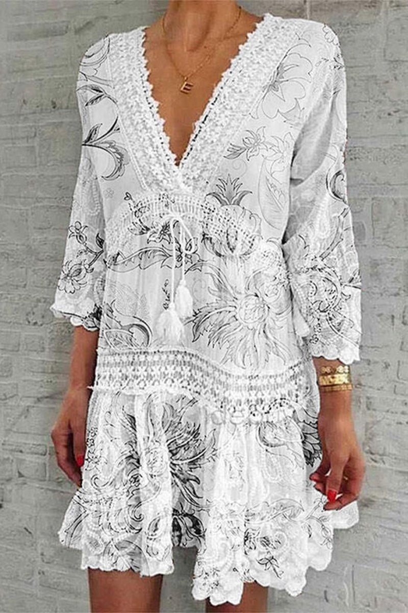 Vestido elegante y dulce con estampado floral y cuello en V