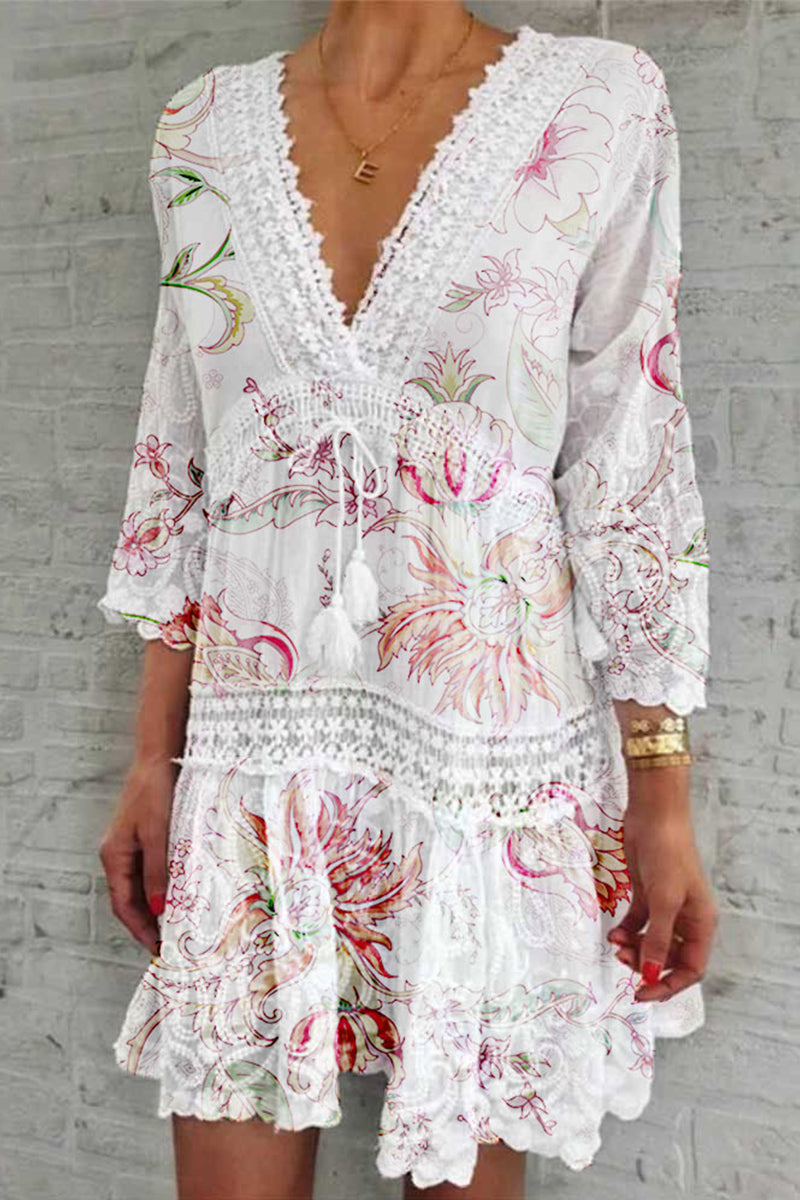 Vestido elegante y dulce con estampado floral y cuello en V
