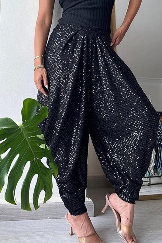 Pantalones casuales de color sólido con lentejuelas, sueltos, de cintura alta y con farol.