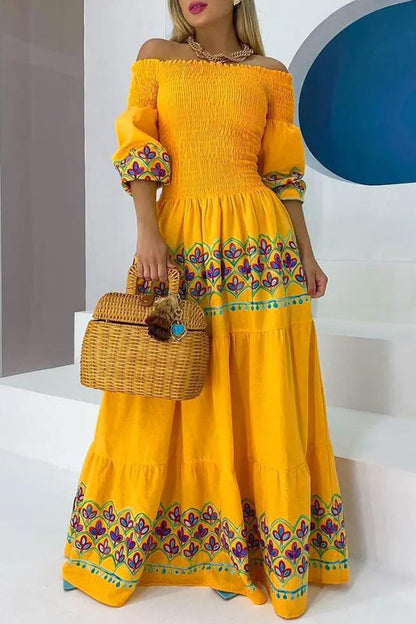 Vestido estampado con hombros descubiertos y estampado geométrico bohemio