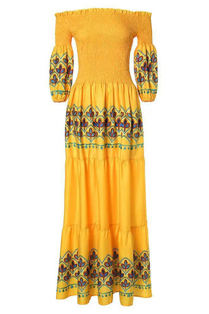 Vestido estampado con hombros descubiertos y estampado geométrico bohemio