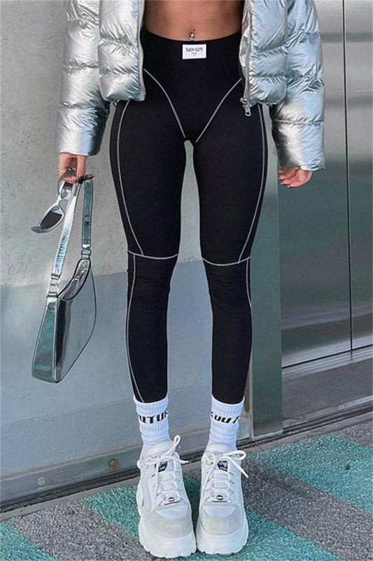 Pantalones deportivos casuales de talle alto ajustados con parches sólidos