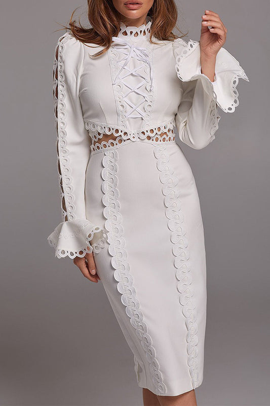 Vestidos de princesa elegantes de cuello alto con encaje liso y huecos de celebridades