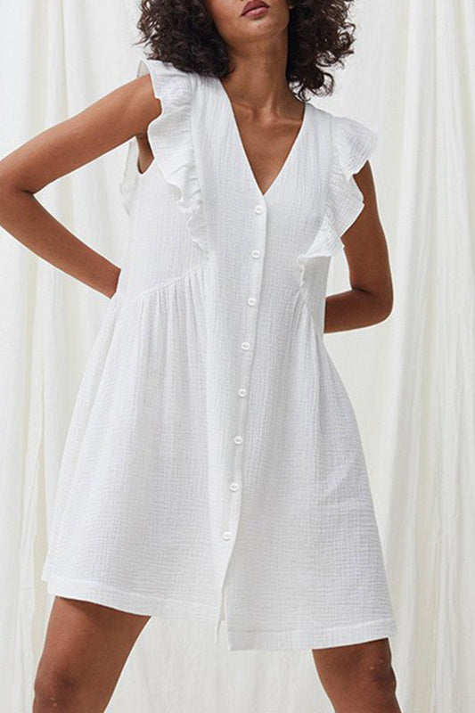 Vestido informal liso con volantes, cuello en V y sin mangas