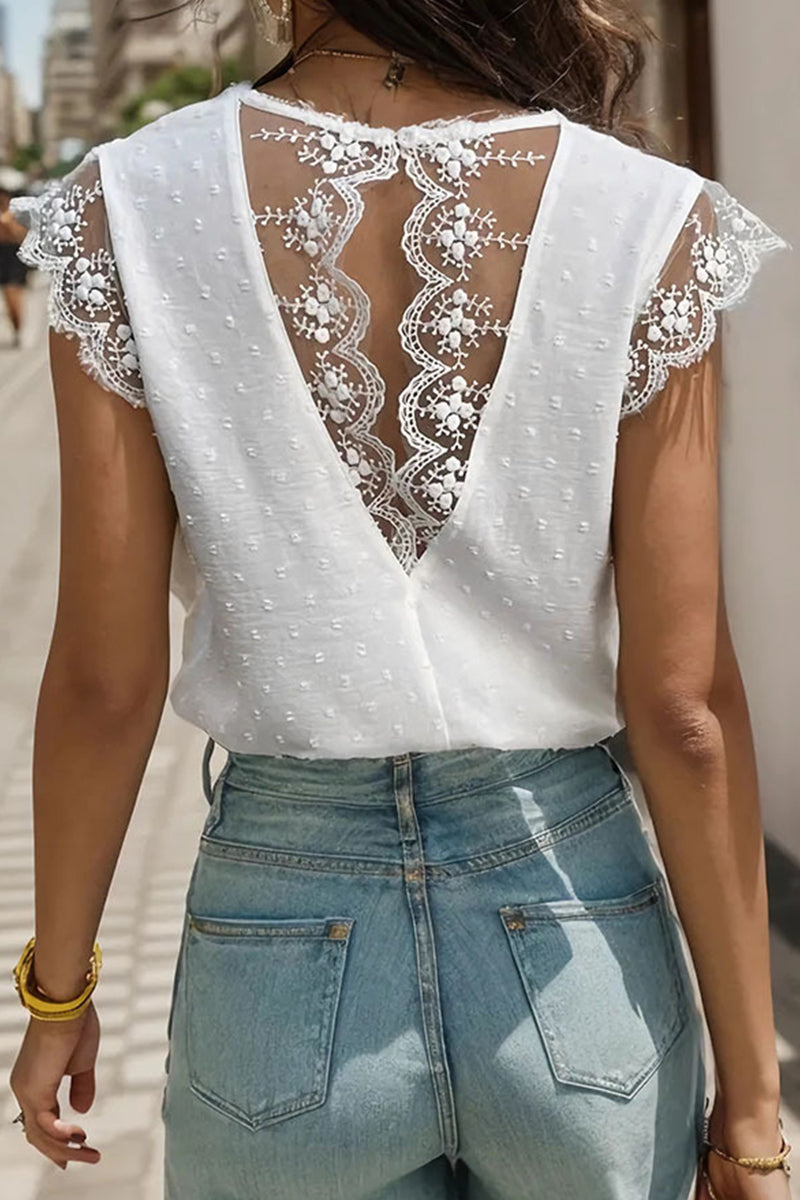 Elegantes blusas de encaje sólido con cuello en V