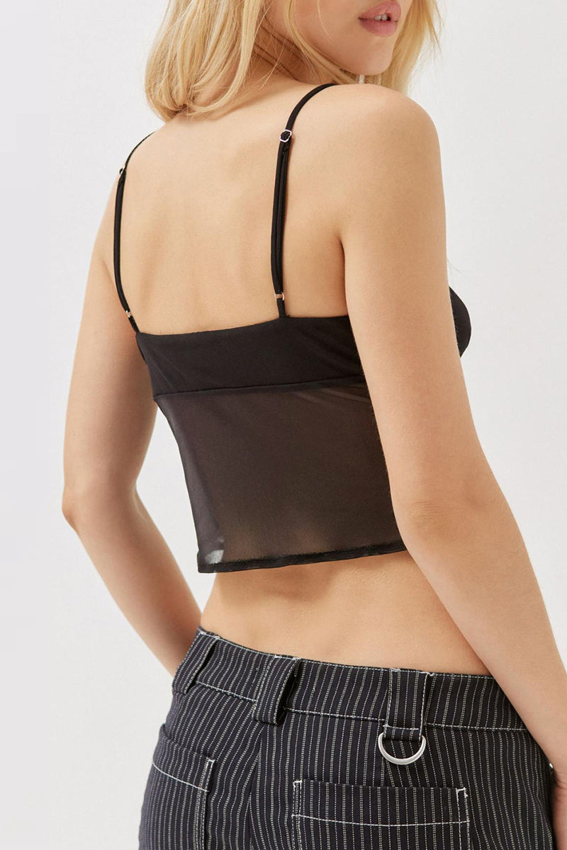 Tops sexys de malla sólida con lazo y cuello en V