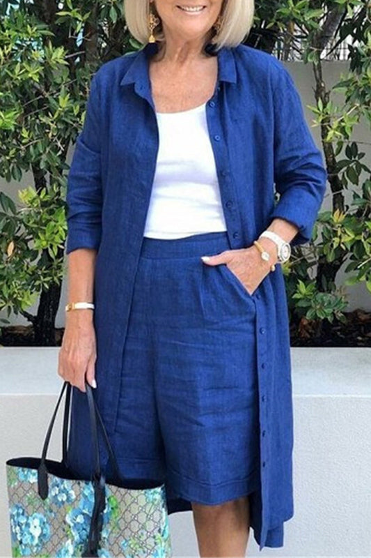 Conjunto informal sencillo de dos piezas con cuello vuelto, manga larga y bolsillos lisos