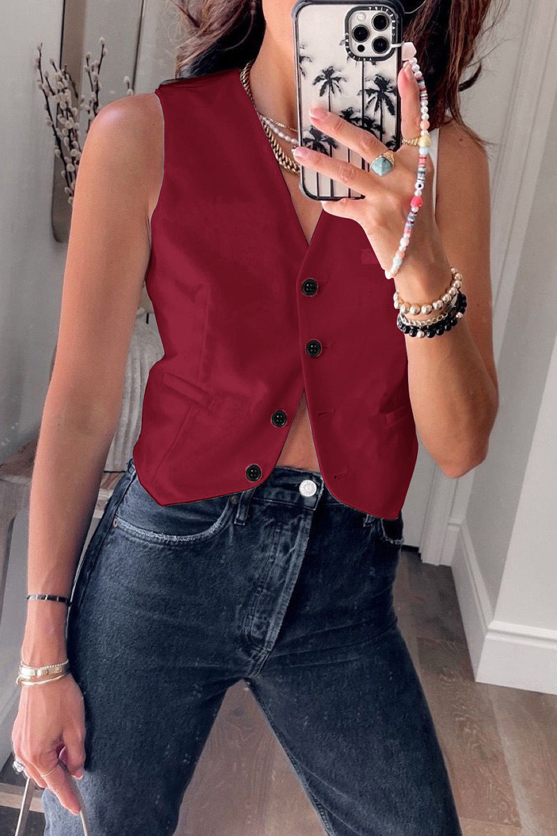 Tops de cuello en V con hebilla sólida de estilo británico