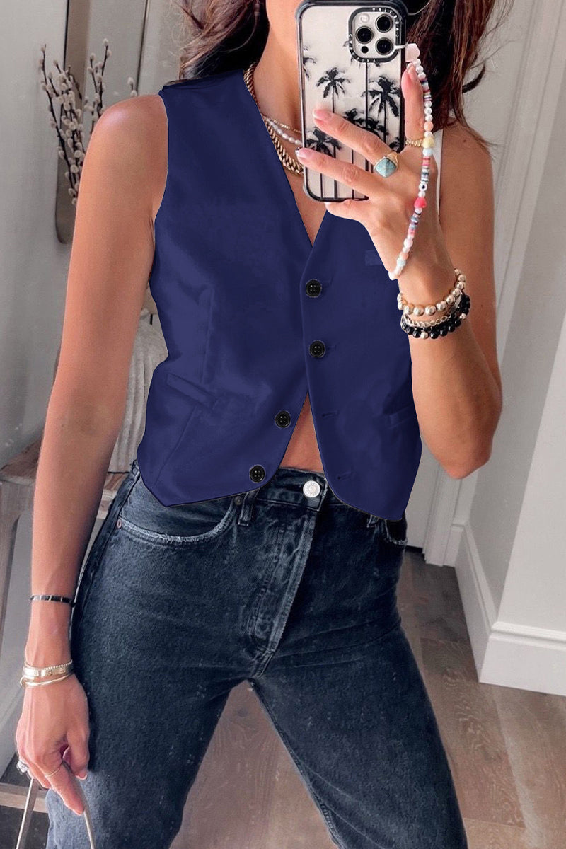 Tops de cuello en V con hebilla sólida de estilo británico