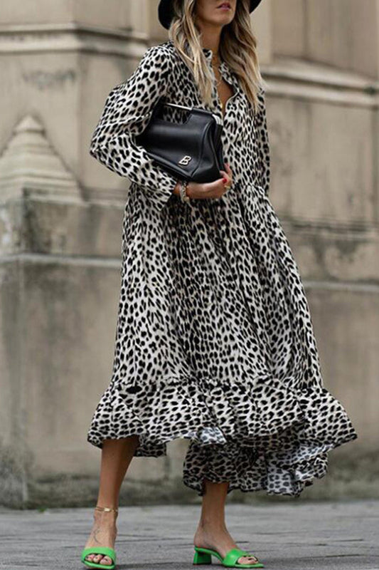 Vestido casual vintage con estampado de leopardo y cuello en V
