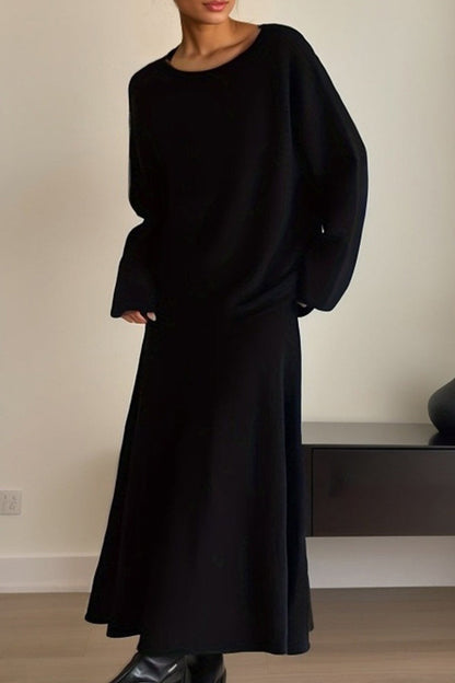 Elegante conjunto de dos piezas de manga larga con cuello redondo y estampado liso
