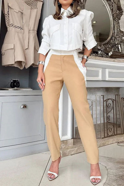 Conjunto informal de dos piezas con cuello vuelto, manga larga, bolsillo y bloques de color en contraste, estilo británico
