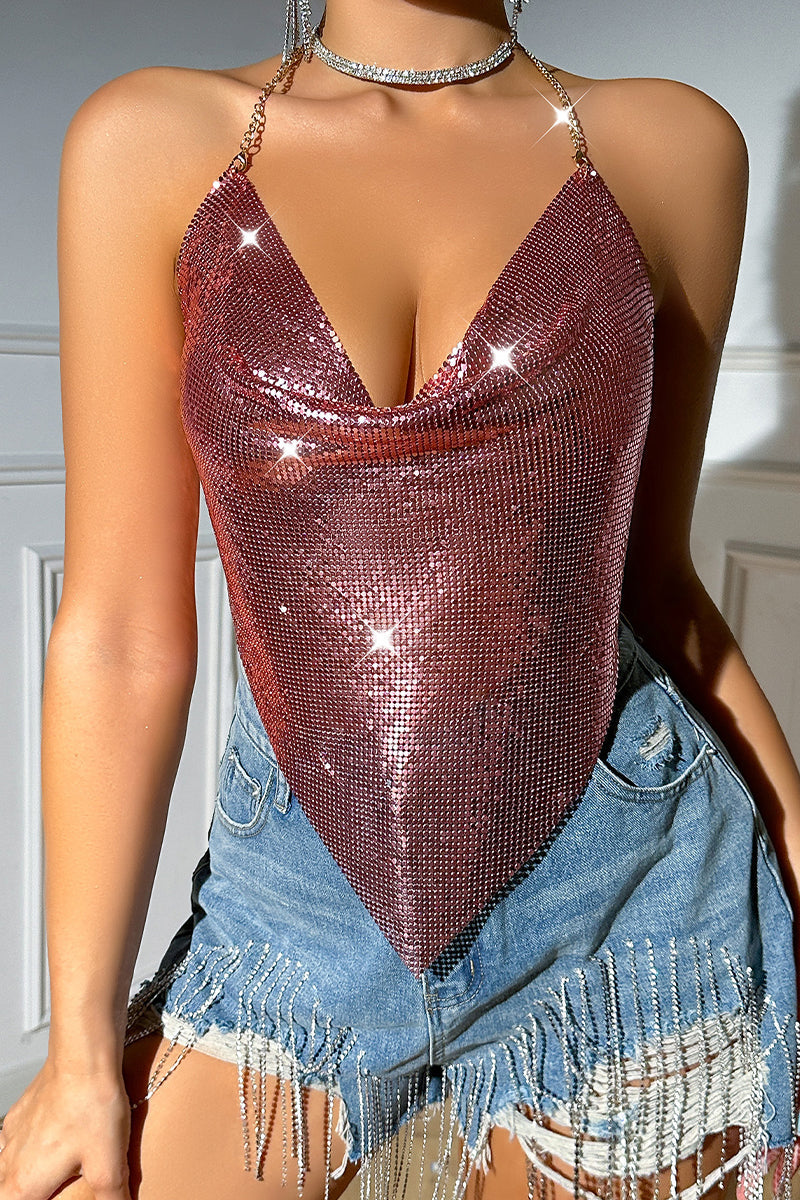 Tops halter sexys con lentejuelas sólidas y espalda descubierta