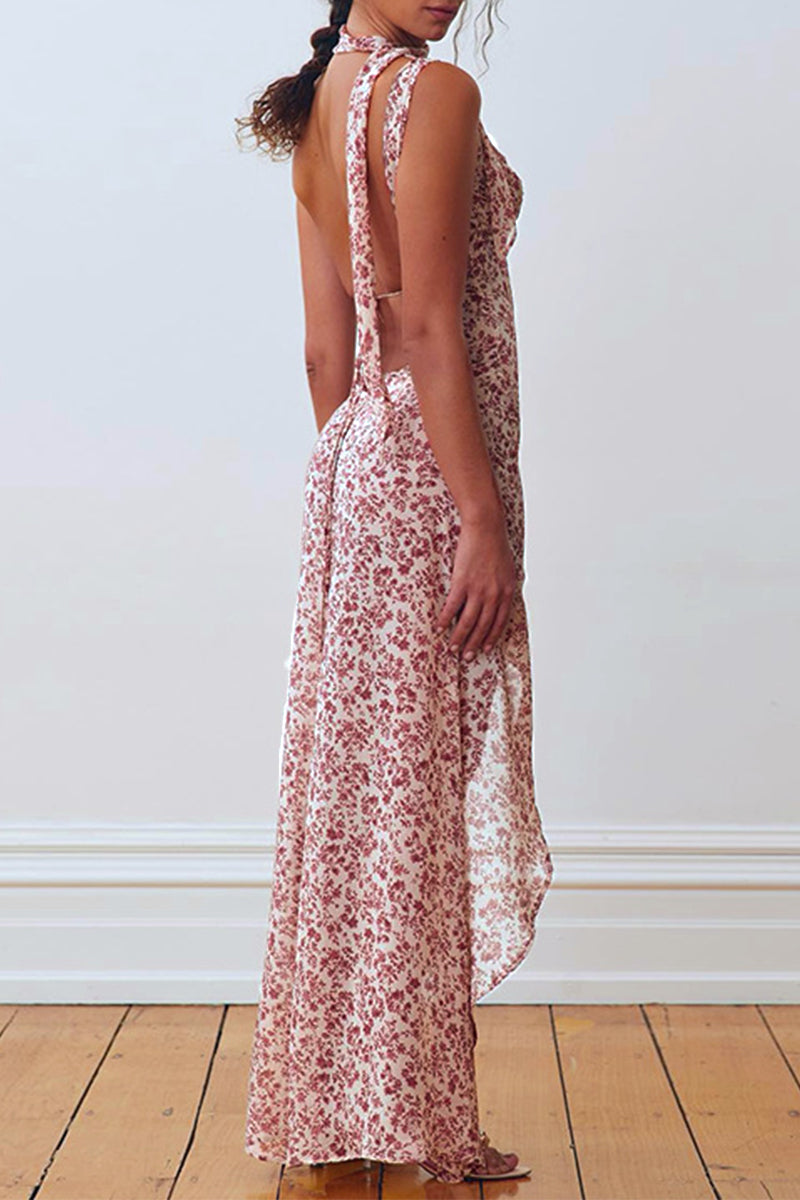 Vestidos sexis con escote en V, abertura y espalda descubierta con estampado floral