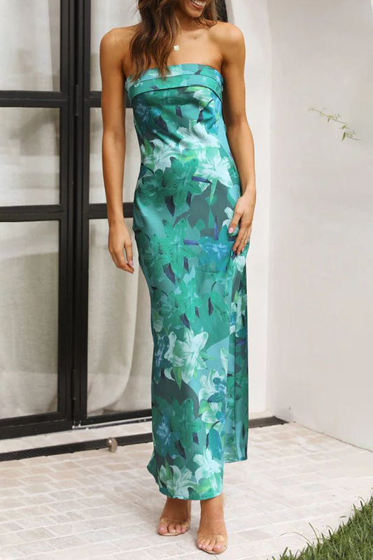 Vestidos elegantes de celebridades con estampado floral, espalda descubierta y sin tirantes.