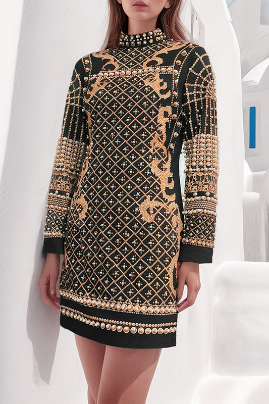 Vestido informal vintage de manga larga con cuello mandarín y estampado geométrico con cuentas
