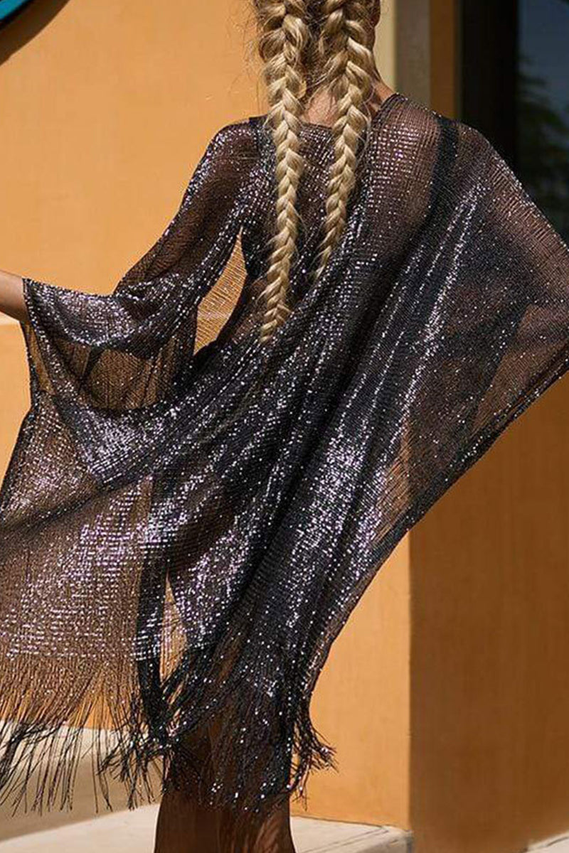 Traje de baño sexy de vacaciones con borlas sólidas y abertura con lentejuelas