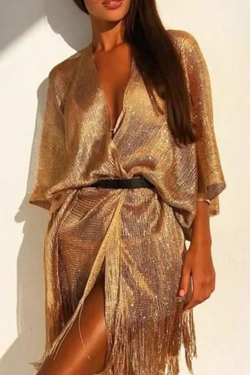 Traje de baño sexy de vacaciones con borlas sólidas y abertura con lentejuelas