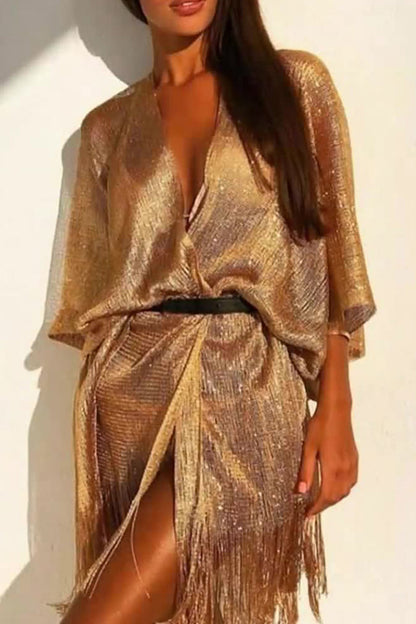 Traje de baño sexy de vacaciones con borlas sólidas y abertura con lentejuelas