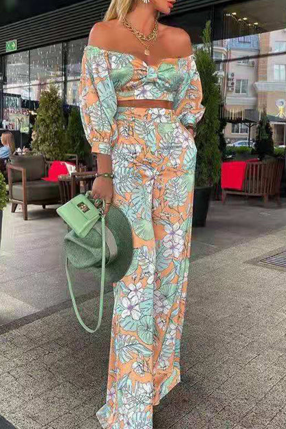 Conjunto de dos piezas de manga larga con hombros descubiertos y bolsillo floral sexy