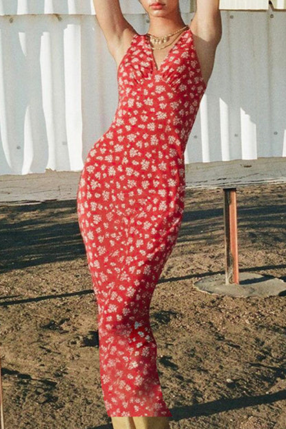 Vestidos sexis de falda de un solo paso con cuello en V y patchwork floral